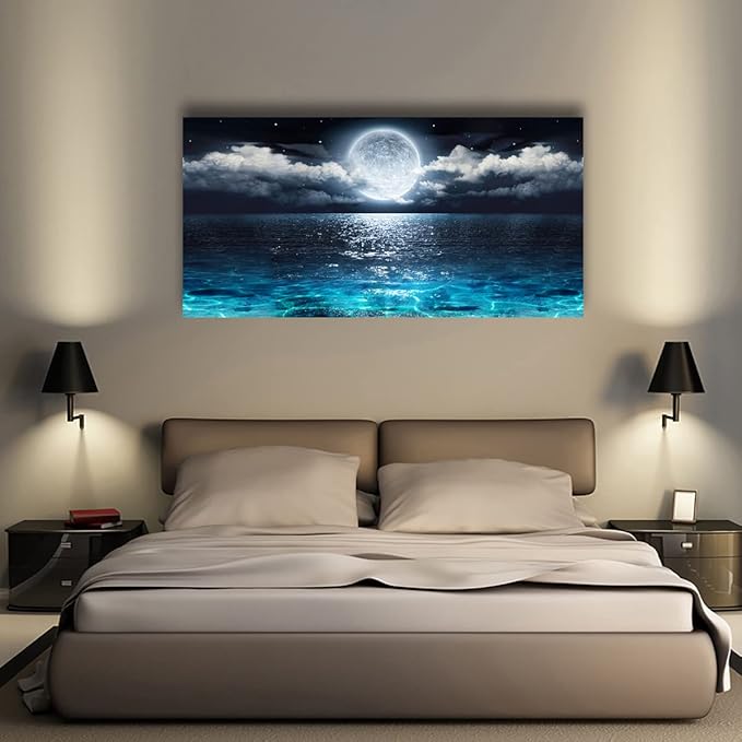 Wall Art Moon Sea Ocean Landscape Picture Canvas Wall Art Print Paintings Modern Artwork for Living Room Wall Decor and Home Décor Framed Ready to Hang,28x57inches,1inch Thick Frame,Waterproof Artwork