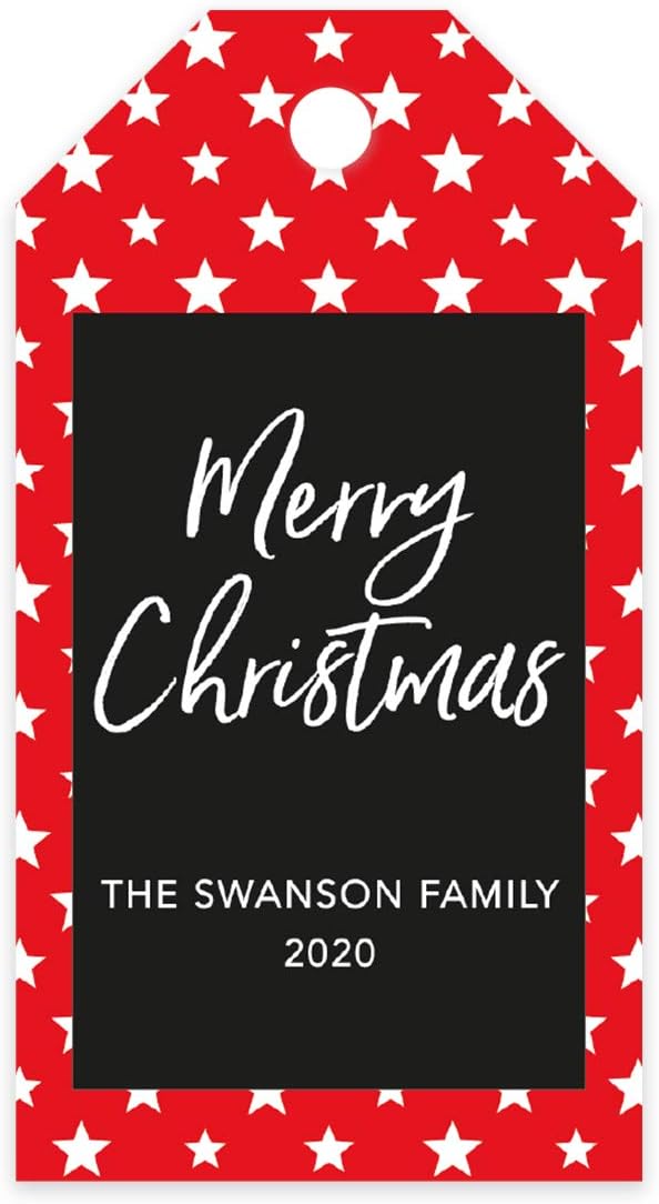Andaz Press Personalized Christmas Holiday Season Classic Gift Tags, Merry Christmas Custom Family Name and Year, Red with White Stars Design, for Holiday Events, Parties, and Favors, 60-Pack