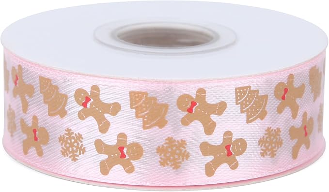 Gingerbread with Candy Canvas Ribbon 7/8 Inch 20 Yards Pink White Merry Christmas Candy Cane Fabric Craft Ribbon Wrapping Wreath Bow DIY Crafts Supplies (Pink Gingerbread)