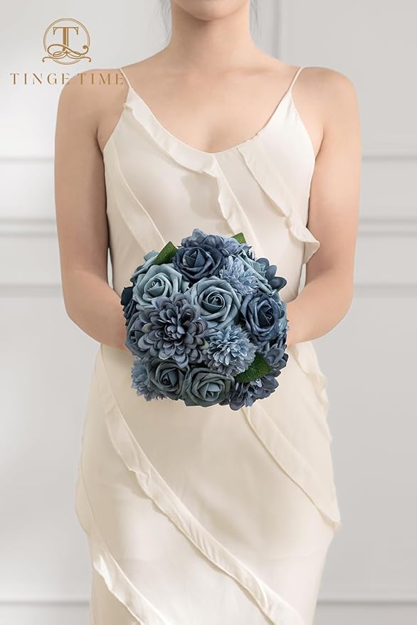 TINGE TIME Artificial Flowers Combo Box Set, Dusty Blue Roses Gradient Color Fake Roses with Stems for DIY Wedding Bouquets Table Centerpieces Baby Shower Home Party Floral Arrangements Decorations