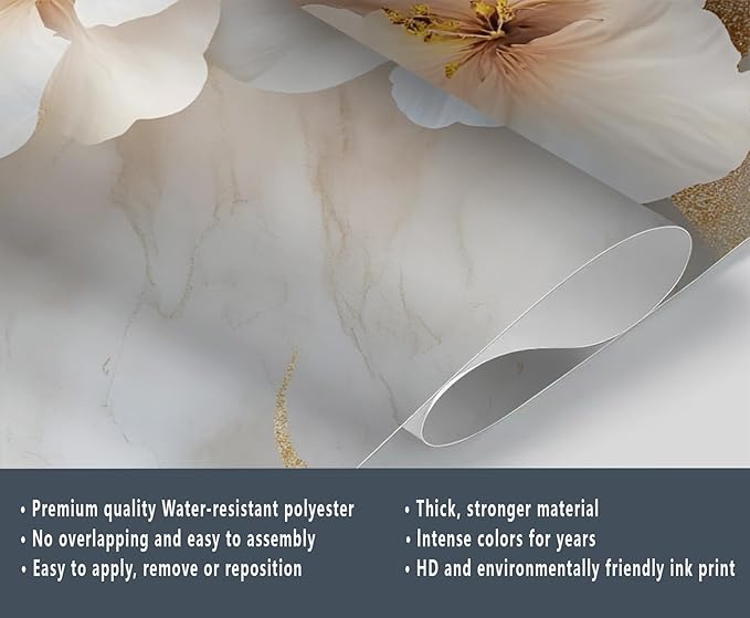 White Flowers Marble Wall Mural, Luxury Floral 3D Wall Murals, Elegant Gold Leaf Design Wallpaper Mural, for Living Room Bedroom Large Wallpaper Indoor Decor 197" W x124.8 H