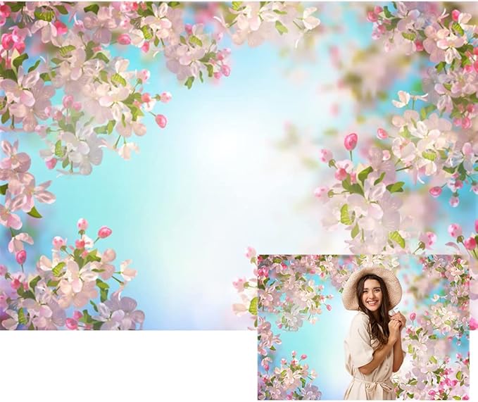 Renaiss 5x3ft Pink Floral Backdrop Romantic Cherry Blossom Blue Sky Sunshine Nature Scenery Polyester Photography Background for Wedding Kids Baby Birthday Party Decor Photo Props
