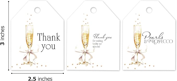 Pro Supply Global 24 Count of 2.5 Inch x 3 Inch Pre Strung Pearls and Prosecco Gift Tag Assorted Printed Designs on Large Cardstock Gift Hang Tags - Ideal to Use on Bags