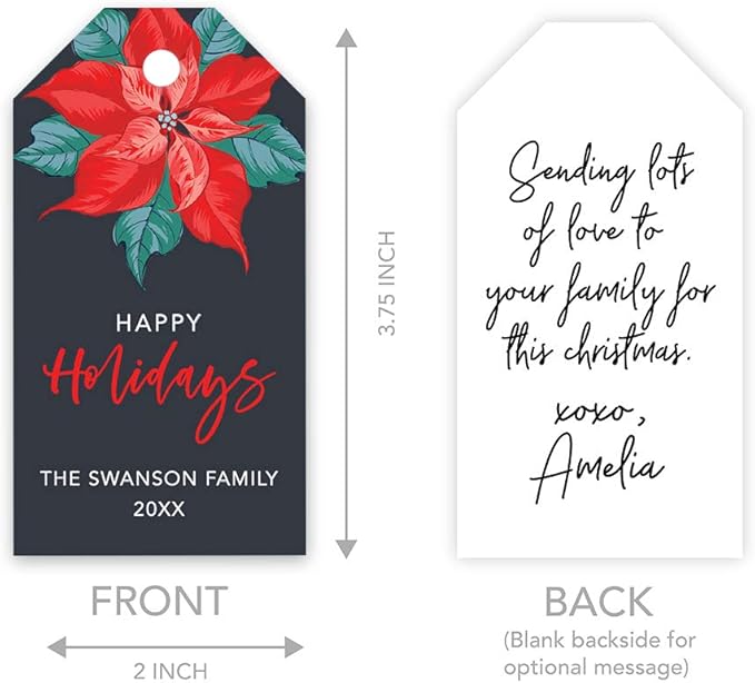Andaz Press Personalized Christmas Holiday Season Classic Gift Tags, Happy Holidays Custom Family Name and Year, Christmas Poinsettia Design, for Holiday Events, Parties, and Favors, 60-Pack
