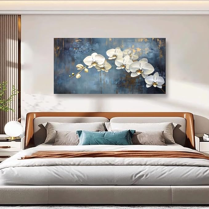 Abstract White Butterfly Orchid Canvas Wall Art for Living room Office Bedroom Flowers Wall Art Print Oil Paintings Modern Blue Gold Rain Mist Pictures Wall Decor Artwork Ready to Hang - 28in * 57inch