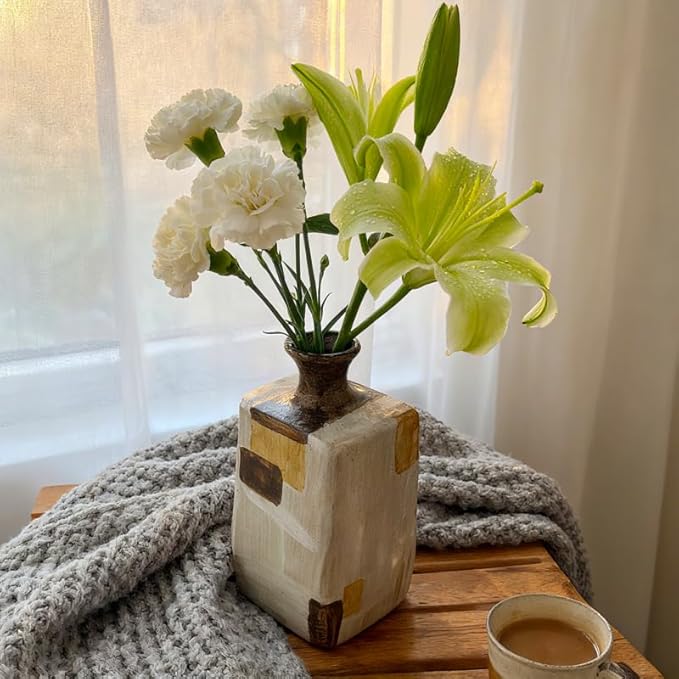 Ceramic Flower Vase Home Decor-6" Tall Vase for Centerpieces,Large Decorative Terracotta Vases, Farmhouse Rustic Pottery Vase for Home Decor Living Room, Table,Shelf or Mantel(Square)