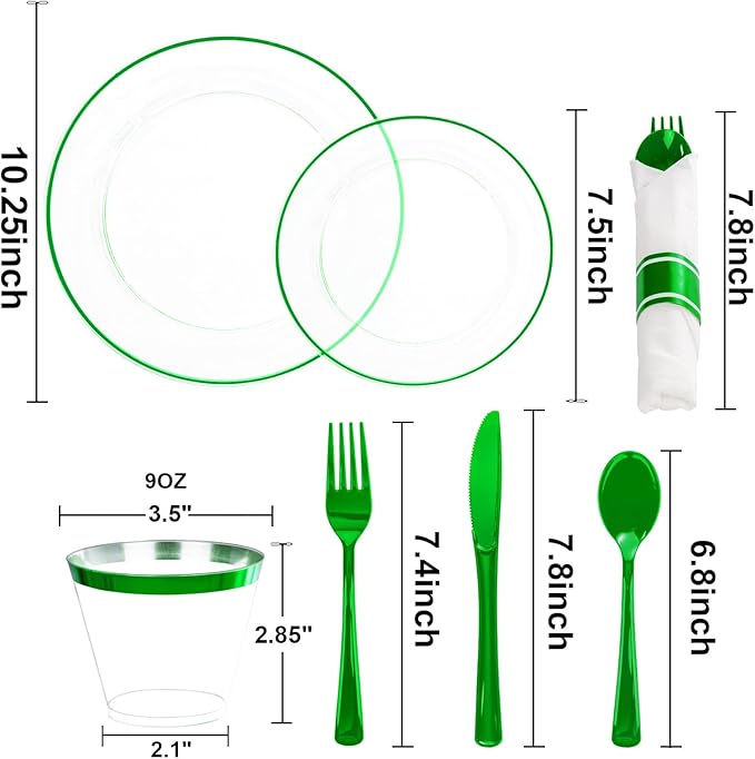 SUT 350 Pcs Green and Clear Plastic Dinnerware Set for 50 Guests, Include: 50 Dinner Plates, 50 Dessert Plates, 50 Pre Rolled Napkins With Silverware, 50 Cups, Disposable Plates for Party, Christmas