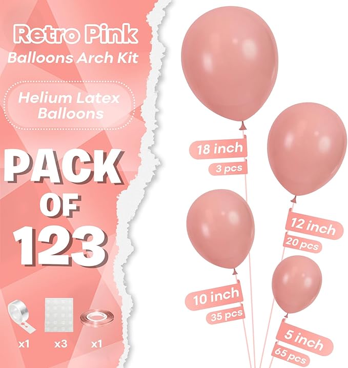Togvu Blush Pink Balloons Different Sizes, 123 Packs Boho Pink Balloons, Pack of 18 12 10 5 Inch Retro Pink Balloons Garland Arch Kit for Boho Birthday Baby Shower Wedding Party Decoration