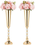 Tabletop Metal Vase Set of 2, Decorative Gold Vases for Centerpieces, Trumpet Vases for Flowers, Tall Table Flower Arrangements for Anniversary Birthday Party Wedding Home Decor (Gold- 2pcs)