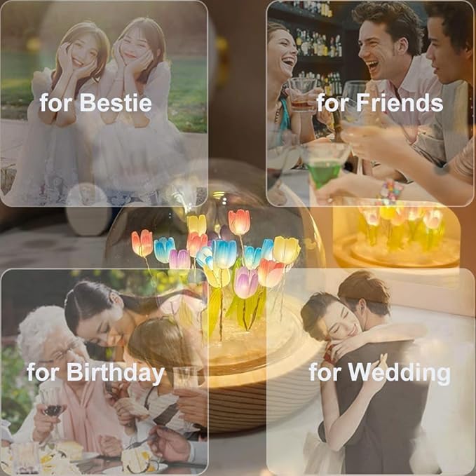 (20 Flower) Assembled Tulip Lamp Night Light with Glass Dome, Handmade Artificial Flower Table Lamp Bedroom Desk Decoration for Women Girlfriend Sister Besties Birthday Christmas Gift (Multicolor)