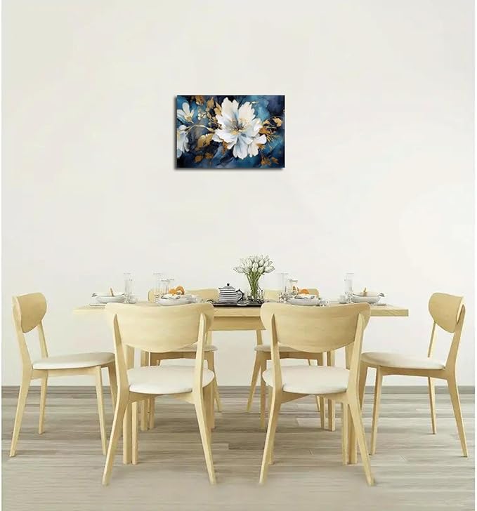 Asunygirl Flowers Wall Art Vintage Blue White Floral Canvas Pictures Abstract Botanical Modern Gold Blue Print Boho Wall Art Canvas Paintings Artwork for Bedroom Living Room Wall Decor 12x16 inch