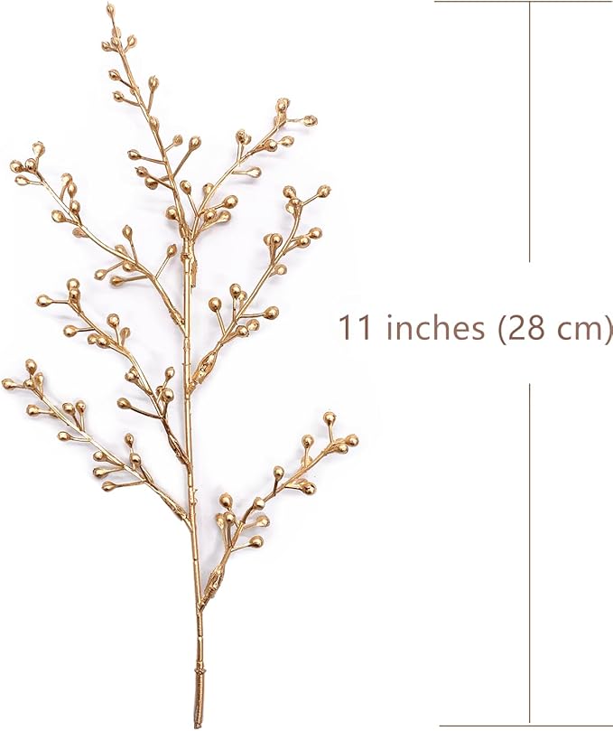 Artificial Golden Berry Stem Decor, Faux Glitter Flowers Stems Branches Plants Fake Berries Sticks Plant for Indoor Wedding Bouquet Party Wreath Crafts Gift Christmas Tree DIY Decoration - Gold 6 Pcs