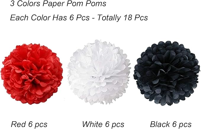 Tissue Paper Pom Poms, Recosis Paper Flower Ball for Birthday Party Wedding Baby Shower Bridal Shower Festival Decorations, 18 Pcs - Red Black White