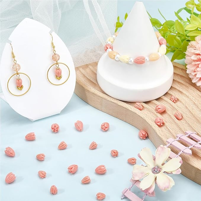 1 Box 100Pcs 2 Styles Carved Coral Beads 3D Flower Beads Pink Jasmine Small Artificial Floral Dyed Synthetic Coral Smooth Loose Spacers Findings for Jewelry Making Bracelet Necklace DIY Craft