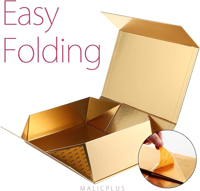 Christmas Large Gift Box with Lid 13.5x9x4.1 Inches, Gold Groomsman Proposal Gift Box with Magnetic Closure for All Occasion(Glossy Gold)