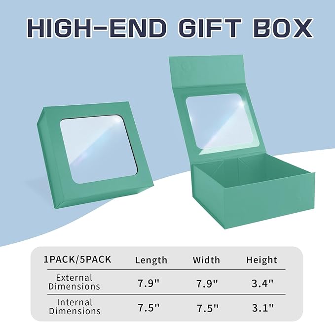 Light Green Gift Box with Window,7.5"x7.5"x3.1" Bridesmaid Boxe for Gifts Giving,Birthday Gift Boxes with Magnetic,Closure Lid Gifts Boxes for Presents,Cute Box,Luxury for Gift Packaging