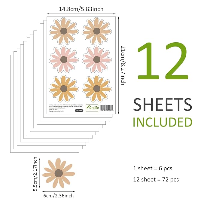 Daisy Wall Decals Boho Flower Wall Stickers 72 PCS for Girls Room Playroom Nursery, Removable Daisy Wall Decal Boho Peel and Stick Kids Room Decor Vinyl Murals DIY Decorations (12 Sheets)