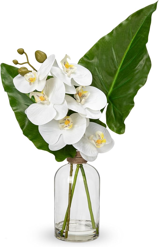 Fake Plant and Faux Orchids in Glass Vase, 15.4" Realistic Faux Tropical Plants Artificial Orchids with Fake Water for Home Farmhouse Office Centerpiece Bathroom Kitchen Counter Décor