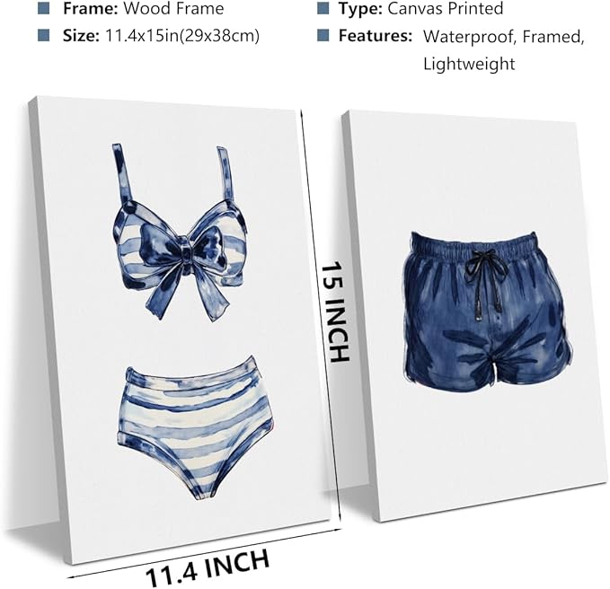 Blue White Painted Swimsuits Lake House Beach House Wall Decor Canvas Wall Art Framed Prints Artwork Posters Painting Picture for Home Bar Cart Laundry Room Girls Room Bedroom 14.5X11.5 Inch