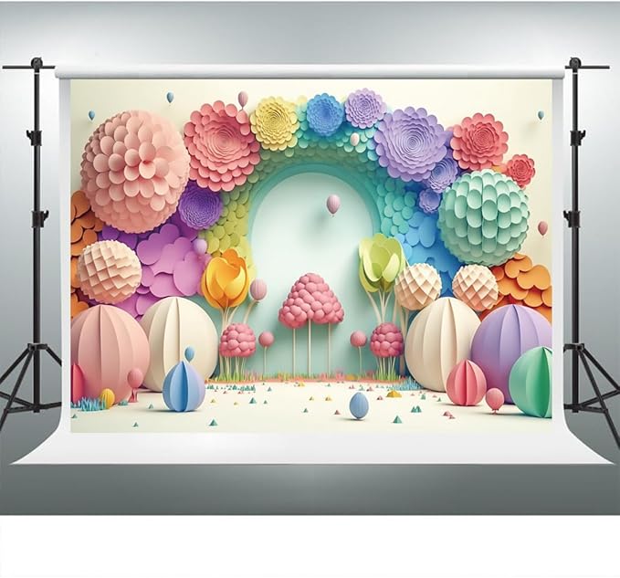 YongFoto Paper Flowers Backdrop 12x8ft Colorful Cut Paper Floral Blossom Rainbow Arch Hot Air Balloon Honeycomb Ball Photography Background Lovely Party Banner Home Decor Photo Studio Booth Props
