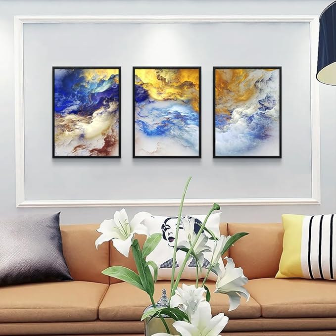 Black Framed Abstract Wall Art for Living Room and Bedroom - Set of 3 Watercolor Painting Prints - Contemporary Home Decor - Office Decorations - 12"X16"