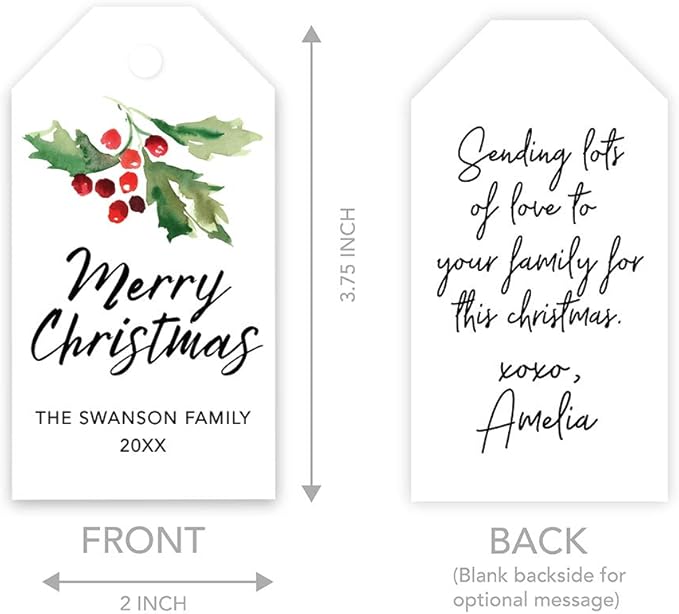 Andaz Press Personalized Christmas Holiday Season Classic Gift Tags, Merry Christmas Custom Family Name and Year, Watercolor Holly Branch Design, for Holiday Events, Parties, and Favors, 60-Pack