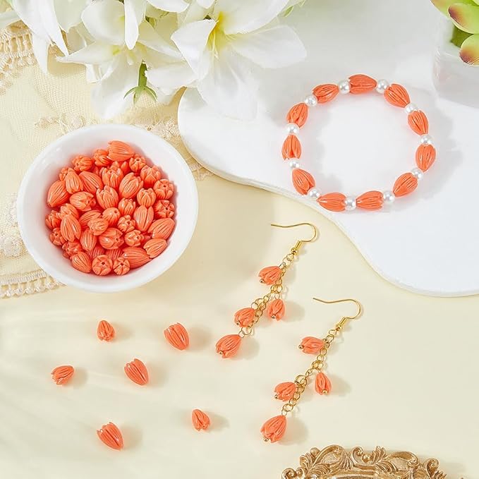 1 Box 100Pcs Carved Flower Beads Coral Jewelry Beads Jasmine Floral 3D Small Light Salmon Dyed Synthetic Coral Loose Smooth Spacers for Jewelry Making Necklace Bracelet DIY Craft Accessories