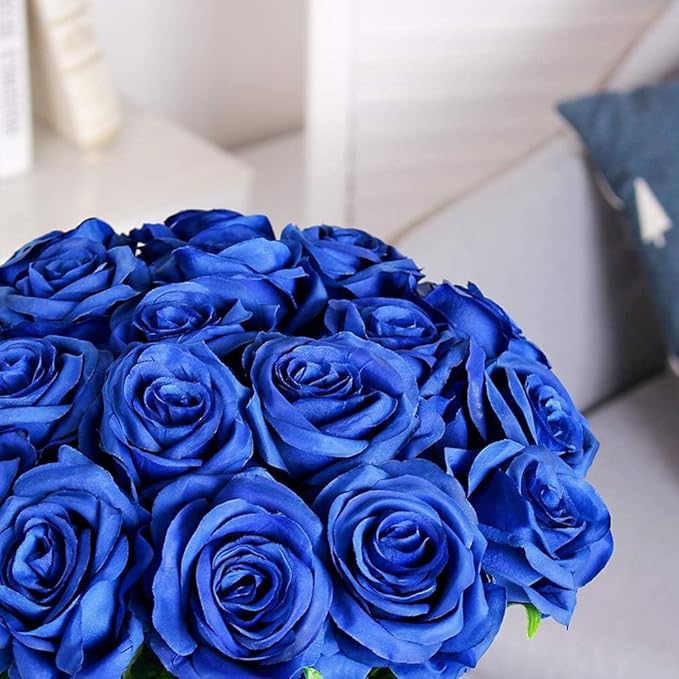 Blue Fake Roses Artificial Flowers - 10 Pcs Fake Artificial Roses Silk Flowers with Stems for Home Wedding Hotel Office Centerpiece Decor