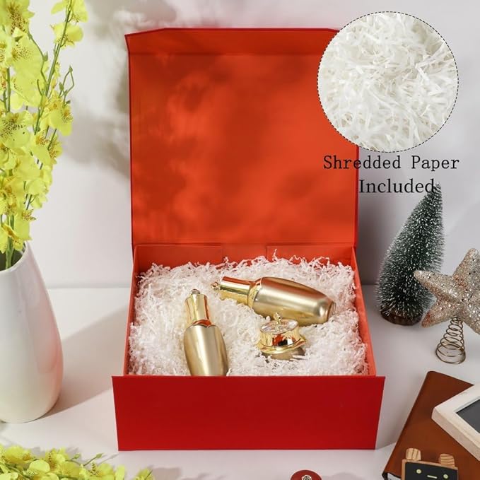 6 Pcs Red Gift Box Large 13x11x5.3 Inch Red Large Gift Box with Crinkle Paper Magnetic Box with Shredded Paper Luxury Gift Boxes with Lids for Presents