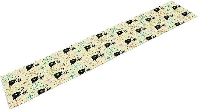 Mid Cat Table Runner, Vintage Black Cat and Atomic Stars 1950s 1960s Abstract Geometric Space Pattern Table Decoration for Home Kitchen Restaurant 13x70 Inches