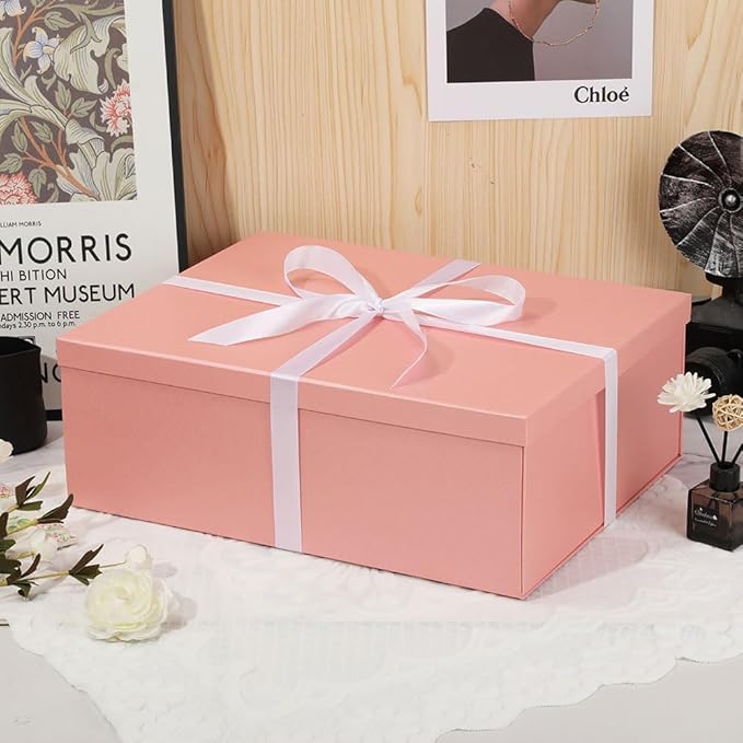 Extra Gift Box Large with Lid 17x13x6 Inches, Pink Gift Boxes for presents Packaging for Birthdays, Valentine's Day, Christmas, Anniversaries (Include Shredded Paper Fill, Envelope Card Ribbon)
