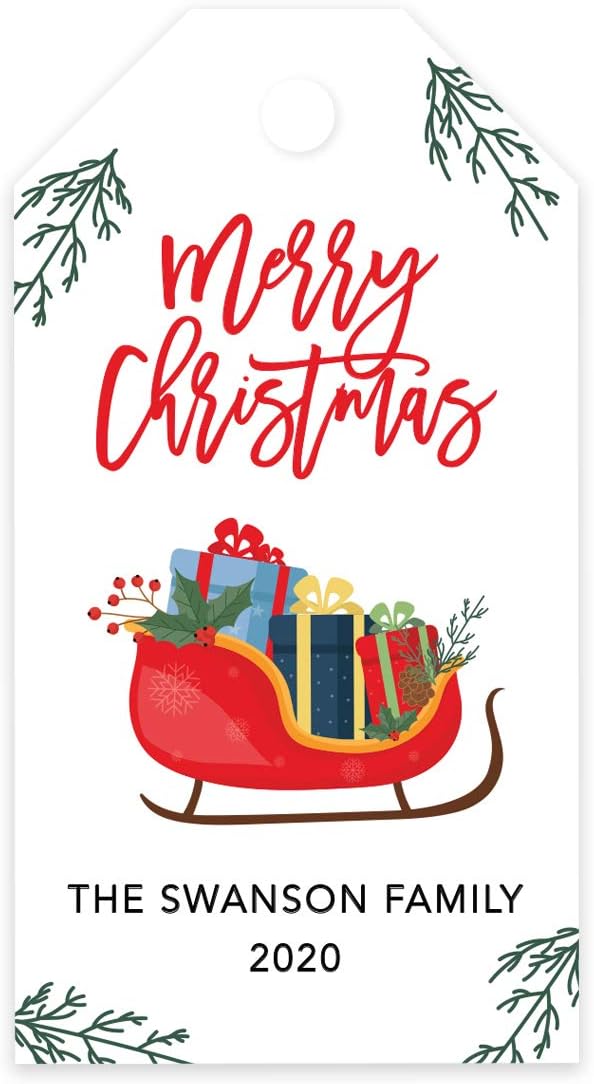 Andaz Press Personalized Christmas Holiday Season Classic Gift Tags, Merry Christmas with Sleigh Presents Design, Custom Family Name and Year, for Holiday Events, Parties, and Favors, 60-Pack