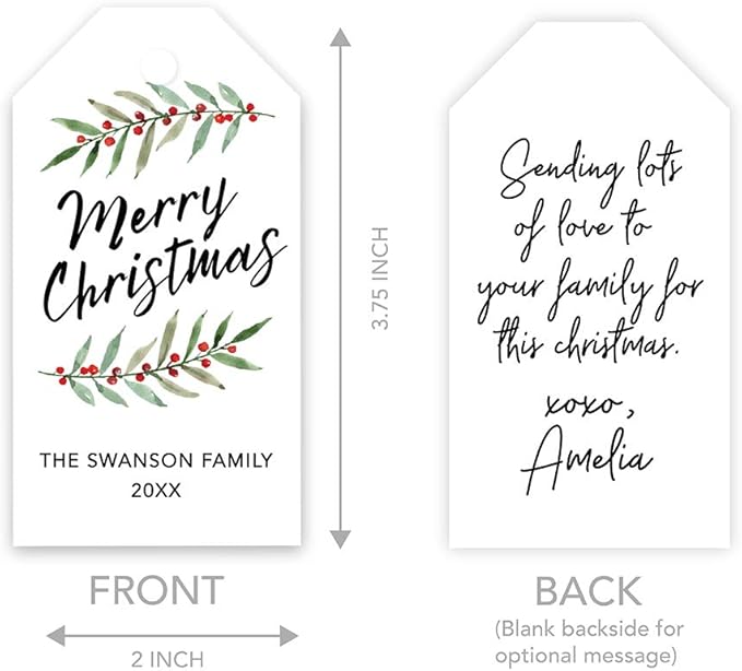 Andaz Press Personalized Christmas Holiday Season Classic Gift Tags, Merry Christmas Custom Family Name and Year, Watercolor Holly Leaves Design, for Holiday Events, Parties, and Favors, 60-Pack