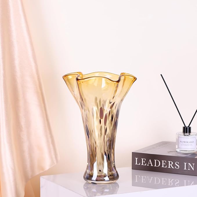 9.0"H Amber Glass Vases for Flowers, Unique Hand Blown Glass Vase Amber Gold Home Decor, Wide Mouth Colorful Flower Vase Centerpieces, For Living Room Table Bookshelf, Bathroom Office Shelf Decorative