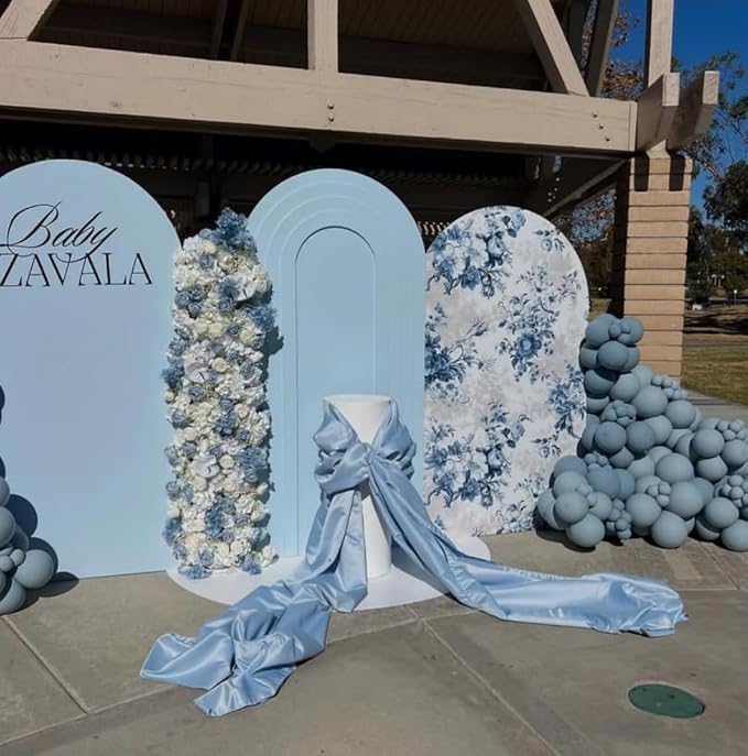 Arch Backdrop Cover Baby in Bloom Baby Shower Arch Stand Spandex Fabric Cover Blue Flowers Floral Pink Bows Girls Birthday Party Baptism Decorations (3X5ft,G-3856)