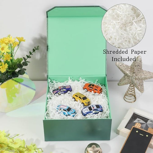 1 Pcs Small Green Gift Box 8x8x4 Inch Magnetic Box with Crinkle Paper Green Small Gift Box with Shredded Paper Luxury Gift Boxes with Lids for Presents