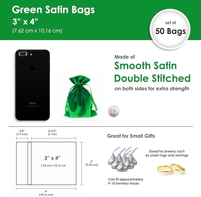 3" x 4" Green Satin Gift Bags, Jewelry Bags, Wedding Favor Silky Drawstring Bags Baby Shower Christmas Gift Bags 50 per Pack
