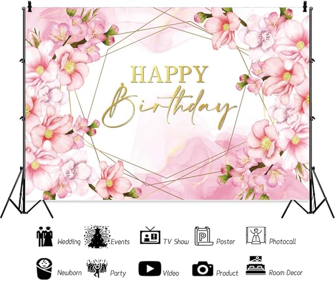 ChloropLastid 6x4ft Floral Happy Birthday Backdrop for Girls Pink Blooming Floral Party Decorations Photography Background Watercolor Flowers Women Birthday Party Decor Banner Photo Props