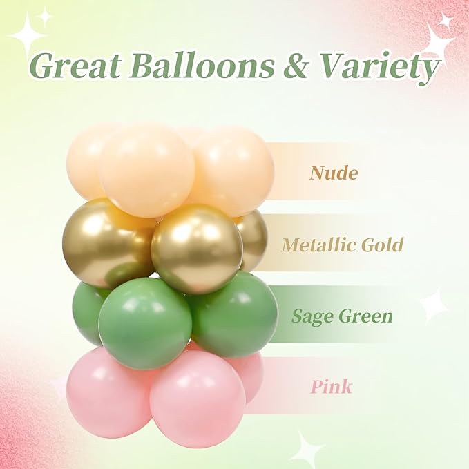 60pcs Safari Balloons 12inch, Sage Green Pink Nude Metallic Gold Confetti Balloons for Wild Safari Baby Shower Birthday Party Decorations