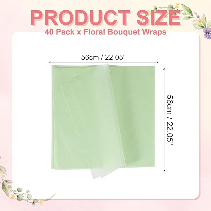 YELARXI Flower Wrapping Paper, Cotton Wrapping Flower Paper, Non-Woven Waterproof Floral Bouquet Wraps - Fitting for (Florist Supplies/Gift) 22 x 22 Inch & 40 Pack & Mint Green