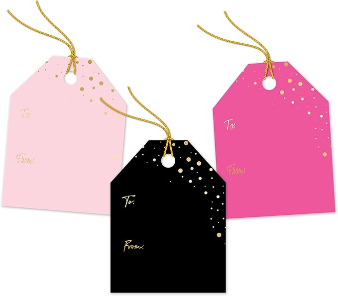 Pro Supply Global 24 Count of 2.5 Inch x 3 Inch Pre Strung Gold Confetti Gift Tag Assorted Printed Designs on Large Cardstock Gift Hang Tags - Ideal to Use on Bags