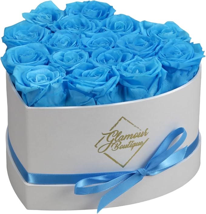 GLAMOUR BOUTIQUE Preserved Roses in a Box - Gifts for Her, Wife & Mom, Rose Flowers Forever Decor for Birthday Gift, Get Well Flower Bouquet Cased in White Box with Cover - Teal - 16-Piece