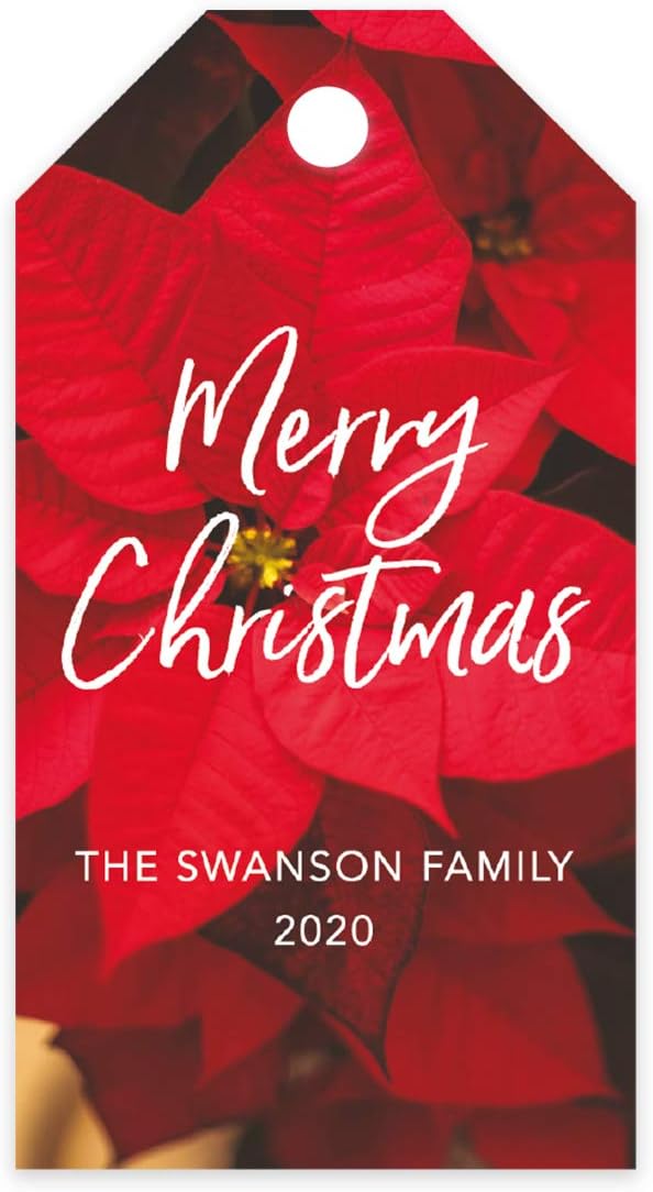 Andaz Press Personalized Christmas Holiday Season Classic Gift Tags, Merry Christmas Custom Family Name and Year, Poinsettia Design, for Holiday Events, Parties, and Favors, 60-Pack