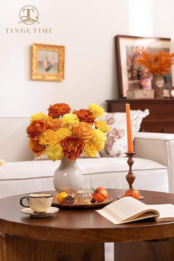 TINGE TIME Artificial Flowers Combo Set, Gradient Color Flower Leaf with Stems for DIY Wedding Bouquets Centerpieces Baby Shower Party Home Decorations(Yellow & Tangerine Orange)