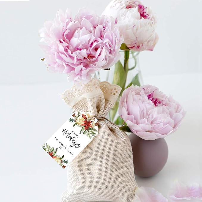 Andaz Press Personalized Classic Gift Tags, Custom Family Name and Year, Christmas Florals Design, Happy Holidays Tags, 60-Pack
