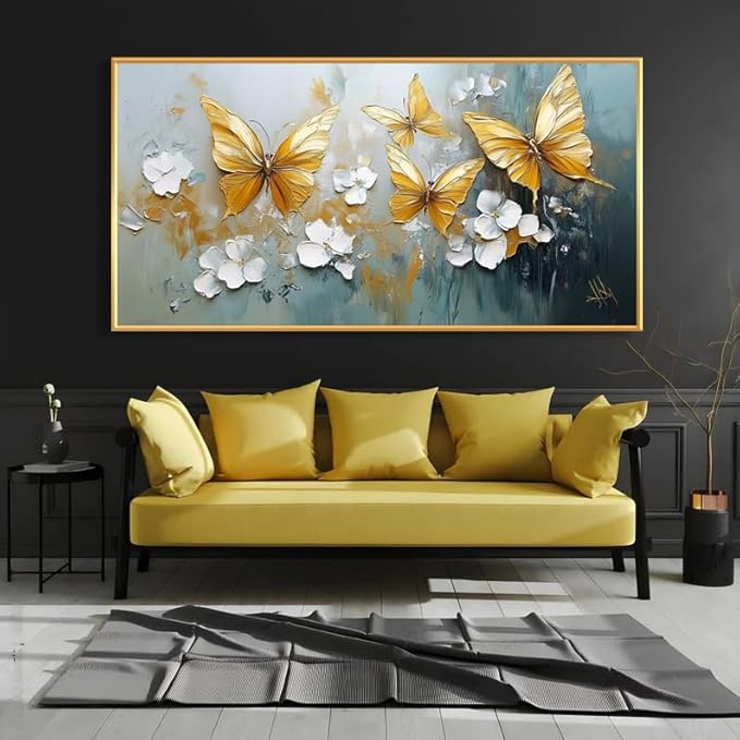 Butterfly Canvas Wall Art, Butterfly and Flower Wall Decor, Butterfly Prints, Abstract Textured Canvas Wall Art, Artwork for Walls, Oil Painting Wall Art, Wall Decor Living Room (Gold Frame, *31"x15"|80x40cm)