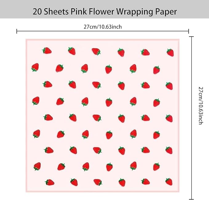 HLTOO 20 Sheets Flower Wrapping Paper, Bouquet Floral Packaging Paper with Strawberry Pattern, for Wedding, Party, Mother's Day, Birthday, and DIY Craft Florist Supplies, Pink, 57CM/22.4Inch
