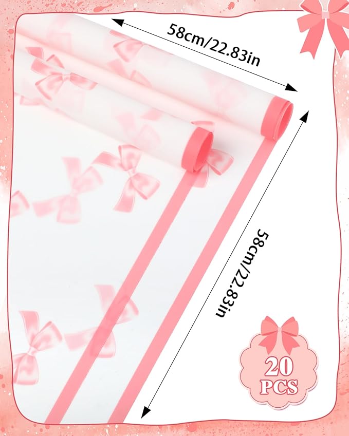 Liobelon 20 Sheets Flower Wrapping Paper Waterproof Bouquet Paper Bow Pattern Pink Gift Wrapping Paper for Flower Shop, Wedding, Birthday Party, Handmade DIY, Anniversary 22.8 x 22.8Inch
