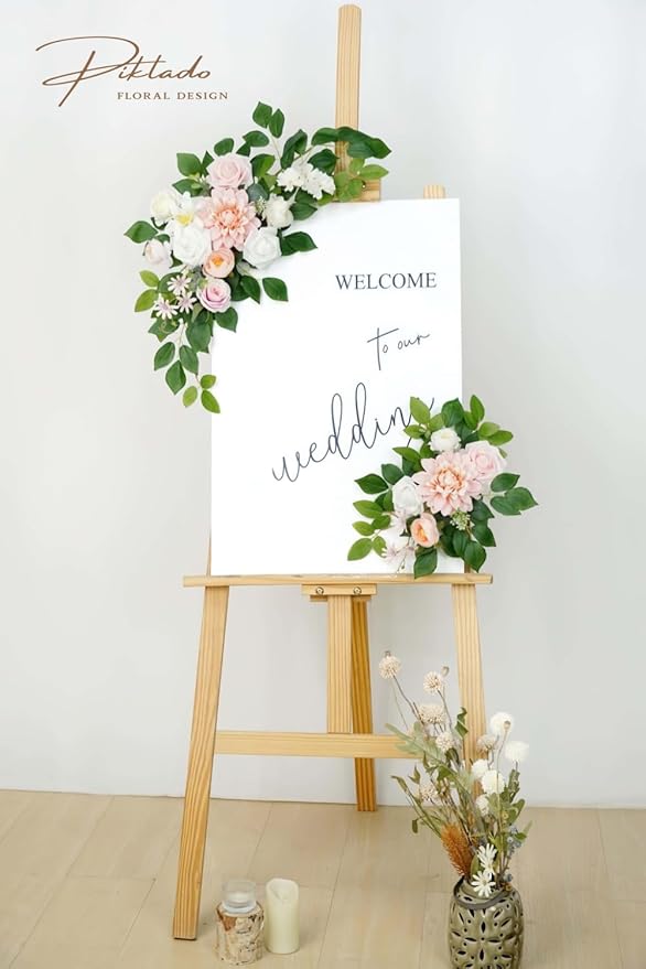 Wedding Decor (Pack of 2) Welcome Sign Flower Backdrop Garland for Ceremony Reception Wall Easel Home Decoration Entryway Faux Outdoor Board Head Table Decor (Blush)