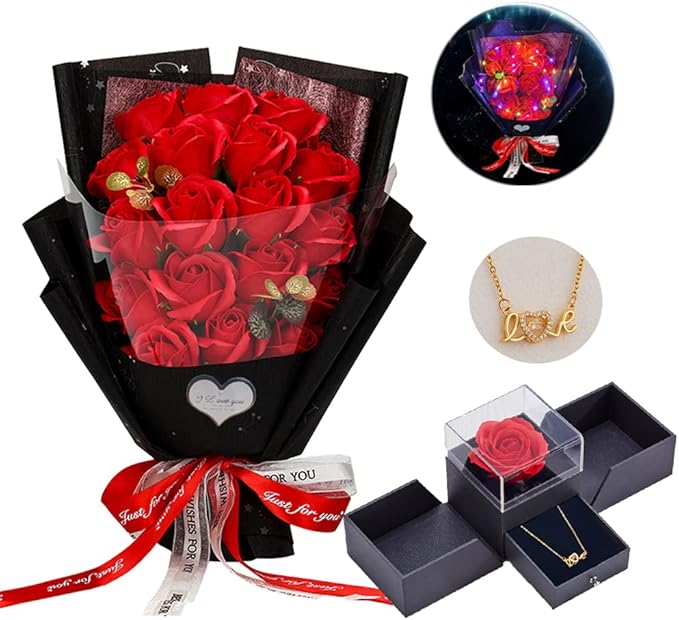 EIGHTOWN Roses Bouquet Artificial Flower - Preserved Red Rose Flowers with Love Necklace for Her - Unique Gifts Valentine's Day, Mother's Day, Thanksgiving, Birthday, Anniversary